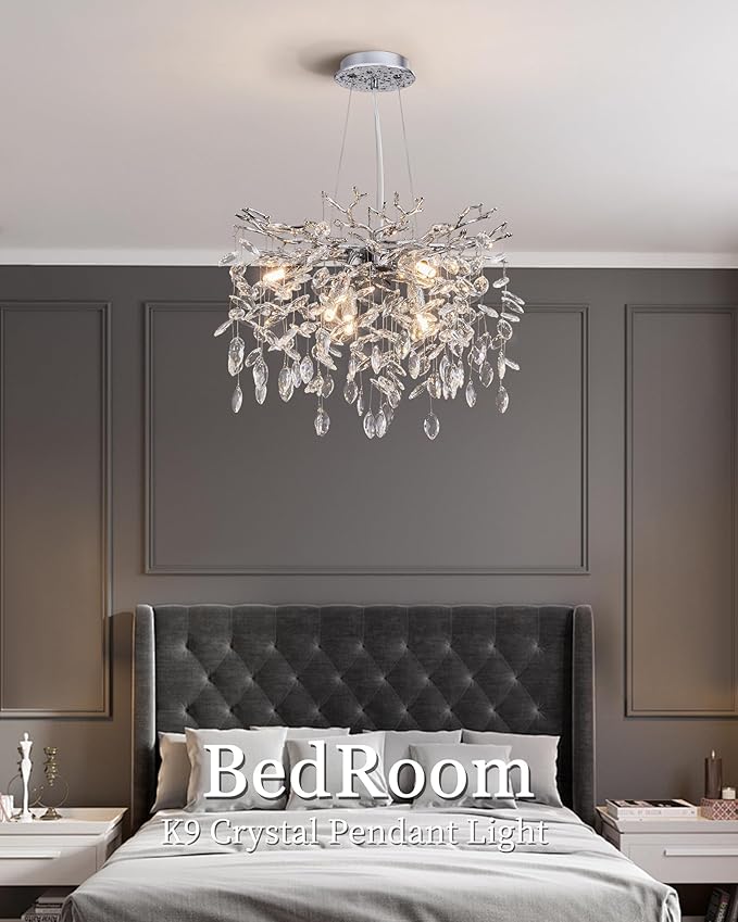 Modern Tree Branch Crystal Chandelier Luxury Silver Crystal Pendant Lighting 18" Contemporary 6-Light Chandeliers for Dining Room Kitchen Bedroom Living Room