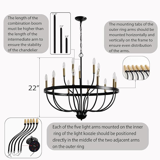 Modern Farmhouse Chandelier for Dining Room 12 Lights,32in Industrial Black and Gold Lighting Fixture, Candle Pendant Light for Kitchen Island High Ceilings Living Room Hallway Entryway Foyer