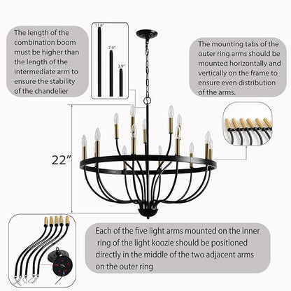Modern Farmhouse Chandelier for Dining Room 18 Lights,Black and Gold Chandelier Light Fixture,Adjustable Height Hanging Candle Pendant Lighting for Kitchen Island (Black&Gold 18-Lights)