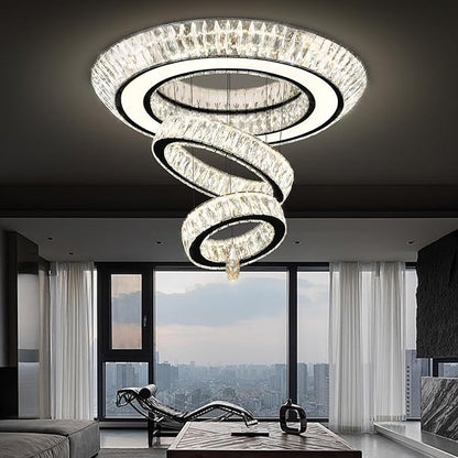 32 in Black LED Ring Chandelier, Crystal Ceiling Light for Living Room Flush Mount Chandelier Lighting Remote Dimmable, Compatible with Sloped Ceiling