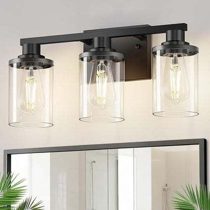 DORESshop 20 Inch Bathroom Light Fixtures, 3-Light Black Bathroom Lighting Fixtures Over Mirror with Clear Glass Shade, Vanity Lights for Bathroom Living Room Bedroom, ETL Listed
