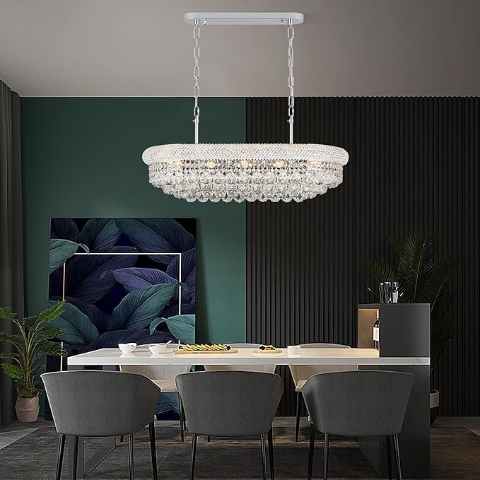 Crystal Chandeliers for Dining Room Light Fixtures Over Table, Modern Crystal Chandeliers for Kitchen lsland, 9 Lights Empire Style Chrome Luxury Lighting Fixtures for Living Room Bar L31 Inch