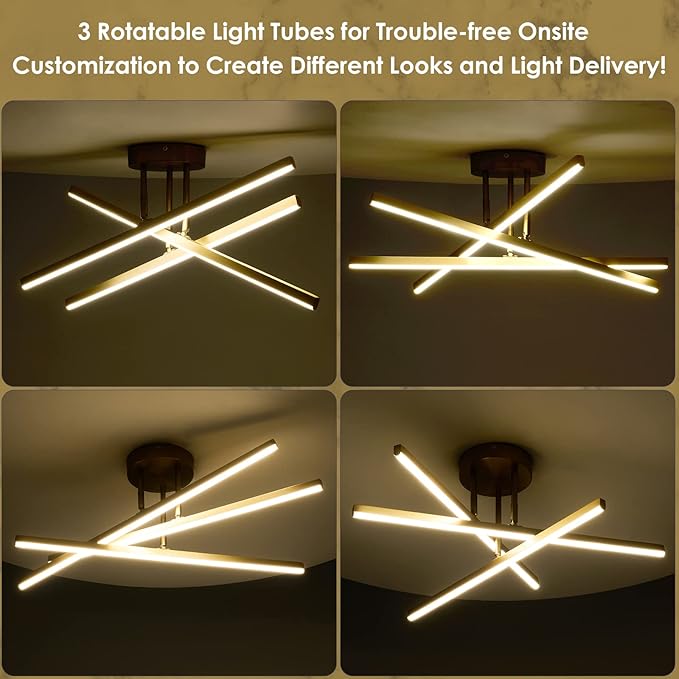 Gold LED Chandelier, 3-Lights Modern Semi Flush Mount Ceiling Lighting Fixture for Kitchen Dining Room Foyer Entry Bedroom, 23.82” 24W