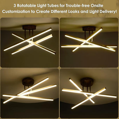 Gold LED Chandelier, 3-Lights Modern Semi Flush Mount Ceiling Lighting Fixture for Kitchen Dining Room Foyer Entry Bedroom, 23.82” 24W