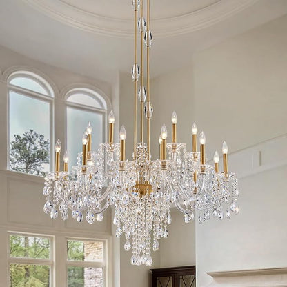 18-Light Crystal Candle Chandelier, Brass Gold Chandelier for Foyer, Staircase & High Ceiling Living Room, Adjustable Height, E12 Base