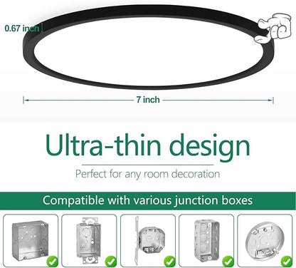 Brightever Black Flush Mount Ceiling Light, 7 Inch 12W, Super Slim 0.67 Inch 1200LM LED Ceiling Light Fixtures, Dimmable & 2700K/3000K/4000K/5000K/6500K 5 Color in One Ceiling Lamp for Closet, 2 Packs