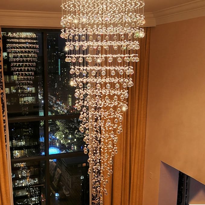 Modern Large Crystal Chandelier for High Ceilings, Raindrop Round Large Foyer Chandelier, Luxury Flush Mount Ceiling Light Fixture for Stairse Entryway Living Room Dia 32" x H 96"-12 Lights