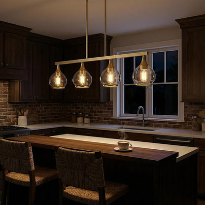 Kitchen Island Linear Pendant Light, 4-Light Gold Dining Room Chandelier with Clear Glass Globe Shades, Modern Linear Lighting Fixture Over Table