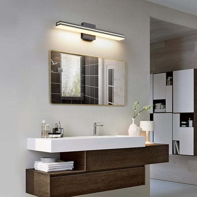 SineRise LED Modern Bathroom Vanity Light Bar (24-Inch, 3000K/4000K/6000K), Matte Black Dimmable Modern Acrylic Bathroom Wall Lighting Fixtures Over Mirror