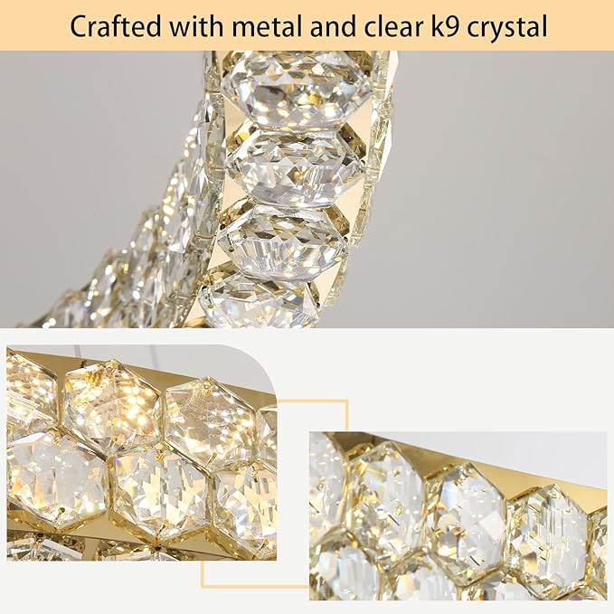 Modern Ring Chandelier, Crystal Chandeliers for Dining Room Round Ceiling Light Fixture for Living Room Bedroom Lighting LED Dimmable with Remote Ring Lights, 32inch Gold Light