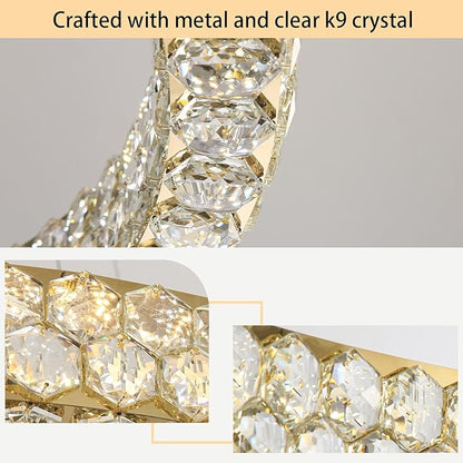 Modern Ring Chandelier, Crystal Chandeliers for Dining Room Round Ceiling Light Fixture for Living Room Bedroom Lighting LED Dimmable with Remote Ring Lights, 32inch Gold Light