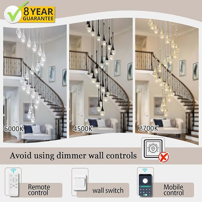ykolupty Modern Crystal Chandeliers LED Dimmable Stairwell Chandelier Black Teardrop Chandelier Large Pendant Light for Entryway Foyer Living Room