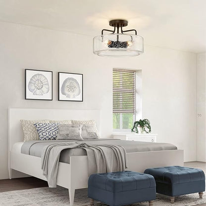 classy leaves Semi Flush Mount Ceiling Light, 4 Lights Farmhouse Flush Mount Ceiling Light Fixture with Drum Seeded Glass Shade for Hallway, Bedroom, Kitchen, Foyer and Bathroom, Oil Rubbed Bronze