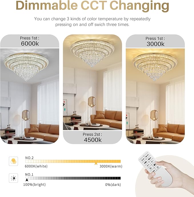COCOSTAR 30" Gold Crystal Chandeliers, Flush Mount Chandelier LED Ceiling Light, Modern Crystal Raindrop Chandeliers for Dining Room, Living Room, Bedroom