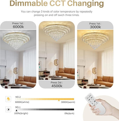 COCOSTAR 30" Gold Crystal Chandeliers, Flush Mount Chandelier LED Ceiling Light, Modern Crystal Raindrop Chandeliers for Dining Room, Living Room, Bedroom