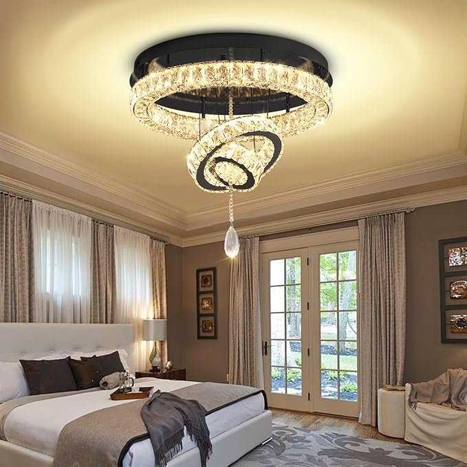 Flashing God Dia 20" Modern Crystal Chandelier for Dining Room Black Ceiling Chandelier Flush Mount Ceiling Light for Living Room Bedroom Hallway
