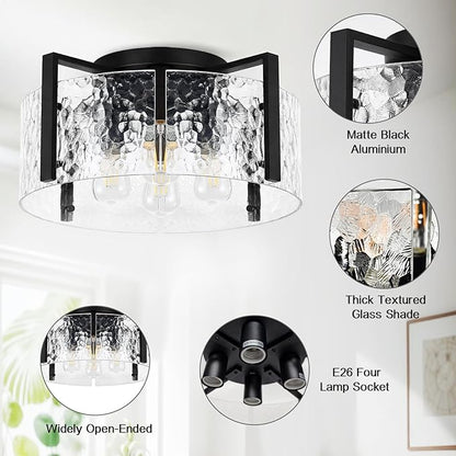 16" Black Semi-Flush Mount Ceiling Light, 4-Light Modern Hammered Glass Drum Fixture, Dimmable E26 Socket, Indoor Lighting for Bedroom Hallway Entryway Kitchen Foyer Living Room Laundry Decor