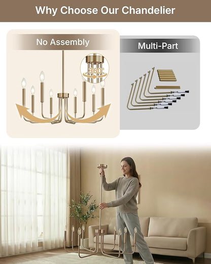 Yunnix 8 Light Champagne Bronze Chandelier - Modern Gold Chandelier Dining Room Light Fixture - 28" Vintage Chandelier for Bedroom Kitchen Island Lighting, Foyer and Living Room