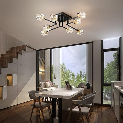 8-Lights Semi Flush Mount Ceiling Light Fixture,Black and Gold Modern Crystal Chandeliers,Farmhouse Lighting Fixtures for Dining Room Living Room Kitchen Bedroom Entryway