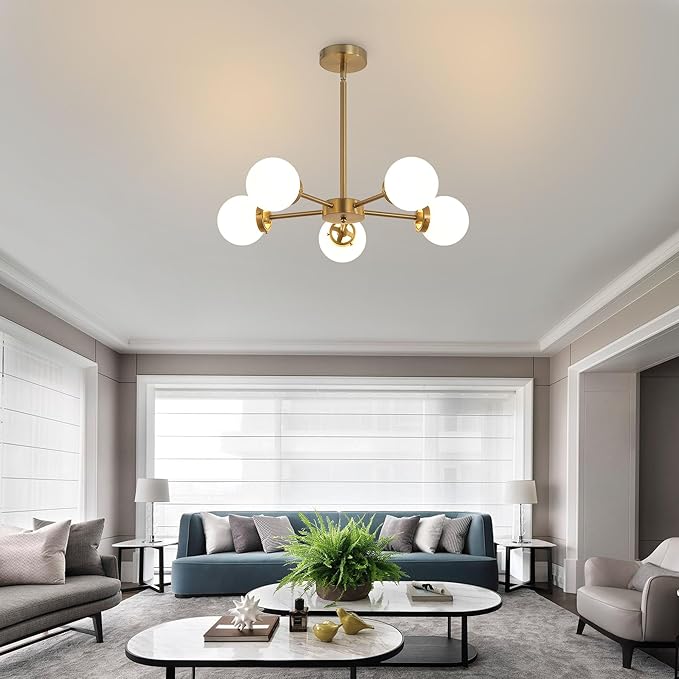 WINGBO 5-Light Sputnik Chandelier, Modern Pendant Light Fixture with 4.7" Opal White Glass Globe Shade for Flat and Slop Ceiling, Height Adjustable for Kitchen Living Room Dining Room Bedroom, Gold