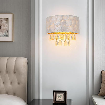 LumFurn 2-Light Capiz Shell Crystal Wall Sconces, Coastal Design Indoor Wall Lamp, Vanity Wall Mount Light Fixture for Bathroom, Hallway, Bedroom, Shell Lampshade, Crystal Pendants & Gold Finish
