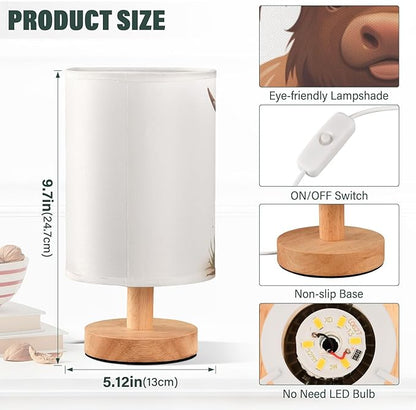 Bedside Table Lamp Fun Highland Cow Animal Nightstand Lamp with Wood Desk Lamps for Bedroom Living Room Nursery Office Home Decor