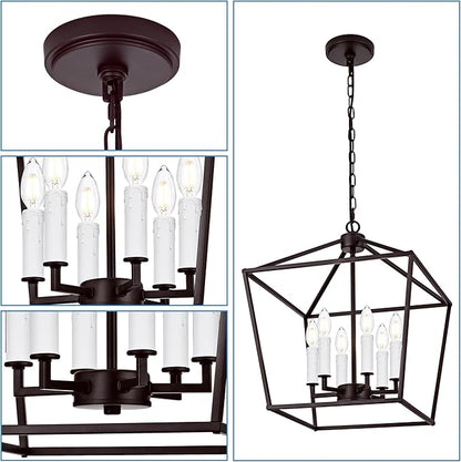 MELUCEE Vintage Lantern Pendant Light 6 Light Industrial Cage Chandelier with E12 White Candle-shaped Base Oil Rubbed Bronze Rustic Geometric Hanging Light Fixture for Kitchen Island Foyer Dining Room
