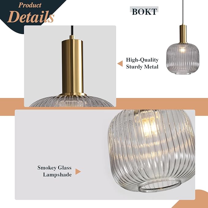 BOKT Modern Smoke Gray Glass Pendant Light 2-Pack Kitchen Island Globe Striped Pendant Lights Farmhouse Adjustable Cord Hanging Light Fixture for Dining Room