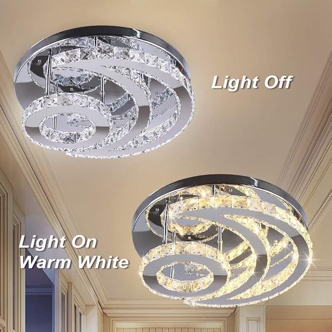 15.7" Modern LED Ceiling Light Flush Mount Crystal Chandelier Light Fixture Round Moon Shape Modern Chandeliers for Living Room Bedroom Bathroom Hallway(3 Color Changable)