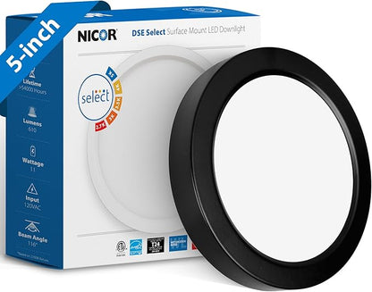 5” Round LED Surface Mount Ceiling Light - Dimmable Ceiling Light for Kitchen - Selectable CCT 2700K-5000K, 615-641 Lumens, 10.4W - DSE Edge-Lit Downlights for Ceiling, Black by NICOR Lighting