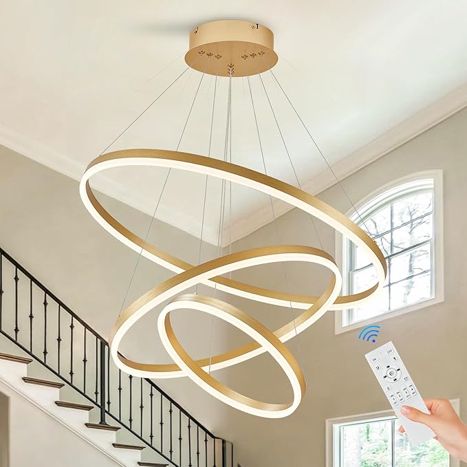 3-Rings Modern LED Chandelier Gold, Dimmable Pendant Lighting with Remote Control Circular Flush Mount High Ceiling Light for Living Room Dining Room Foyer, 3000K-6500K D31.5’’