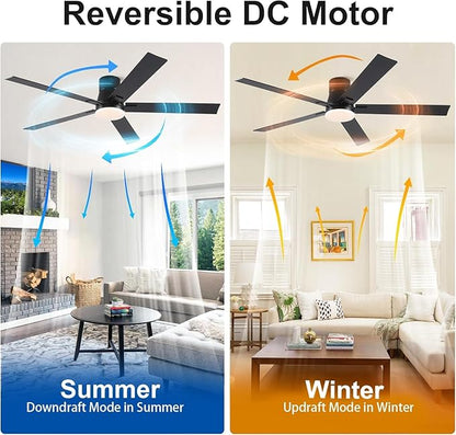 60 Inch Ceiling Fans with Lights and Remote,Flush Mount Black Ceiling Fan with 5 Blades,6 Speed Reversible DC Motor,3CCT Dimmable LED-Low Profile Design for Bedroom, Living room & Covered Outdoor