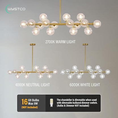 16-Light Globe Sputnik Chandelier, Linear Dining Room Light Fixture Over Table, Mid Century Modern Gold Chandeliers for Dining Living Room, Kitchen Island Lighting (Clear Bubble, 40 Inch)