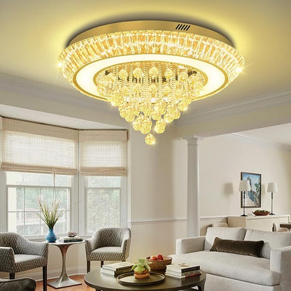 Modern LED Crystal Chandelier, Large Round Raindrop Chandelier for Living Dining Room 32in Gold Flush Mount Ceiling Light Kitchen Island Bar