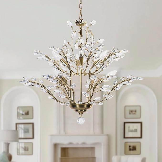 Maxax 27.5" Modern Gold Crystal Chandelier, Tree Branch Pendant Light Fixture, Elegant Ceiling Lighting for Dining Room Living Room Bedroom