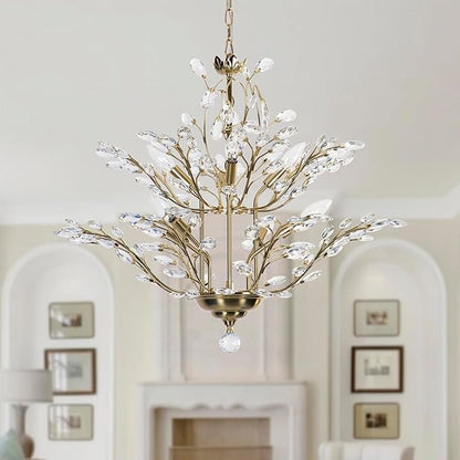 Maxax 27.5" Modern Gold Crystal Chandelier, Tree Branch Pendant Light Fixture, Elegant Ceiling Lighting for Dining Room Living Room Bedroom