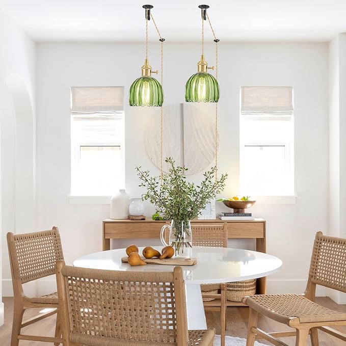 2 Pack Plug in Pendant Light Fixtures, Hanging Light Fixture Vintage Glass Pendant Light, Mini Green Tulip Hanging Lamp, Pendant Lighting for Kitchen Island, Bedroom, Dining Room, Living Room