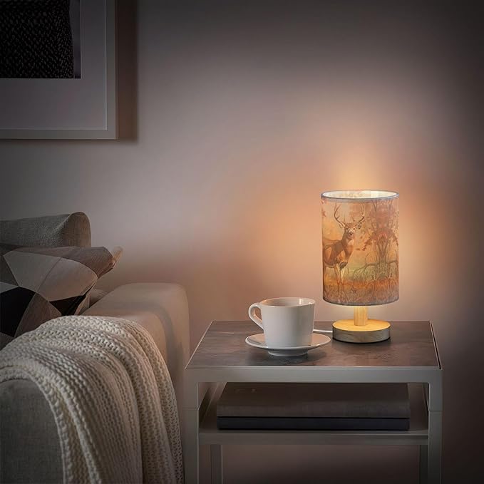 Table Lamp Deer Autumn Forest Nightstand Lamp with Wood Base Fabric Lamp Shade Bedside Desk Lamp for Living Room Bedroom Kids Room Office