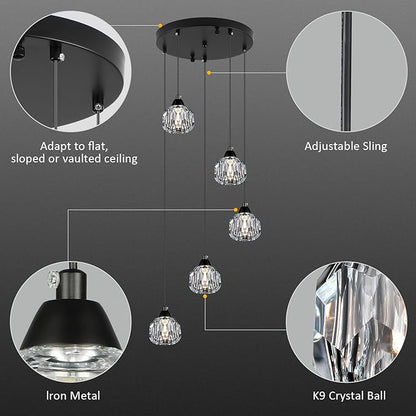 Weesalife Crystal Chandeliers for Dining Room Lights Fixture Over Table, 5-Light Black Modern Pendant Light Fixture，Crystal Chandeliers for Living Room Kitchen Island Staircases Foyer Hallway Bar