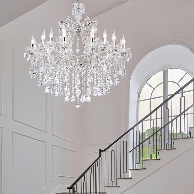 Modern Large Crystal Chandelier for High Ceiling, 18 Lights 2 Layers Luxury Maria Theresa Chrome Chandelier Light Fixtures for Dining Room, Living Room, Foyer, Staircase, Lobby