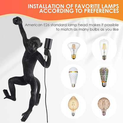 Industrial Wall Lighting Fixture Vintage Resin Monkey Light Wall Lamp for Living Room Children's Kid's Bedroom Club Decoration (Black-Right Hand)