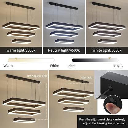 Modern Chandeliers for Living Dining Room, 3-Ring Rectangular LED Chandelier Light Fixture with Remote Control Dimming, Hanging Pendant Light with Adjustable Height, Black