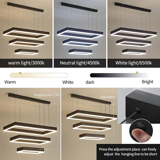 Modern Chandeliers for Living Dining Room, 3-Ring Rectangular LED Chandelier Light Fixture with Remote Control Dimming, Hanging Pendant Light with Adjustable Height, Black