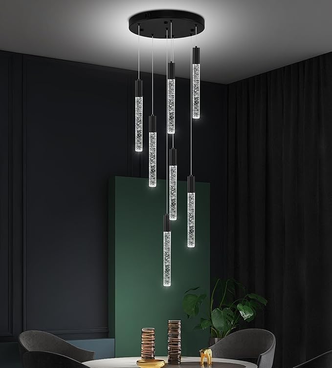 7-Lights High Ceiling Crystal Chandelier, Modern LED Raindrop Pendant Light Fixture 60" H Flush Mount Chandelier Black for Foyer Staircase Living Room