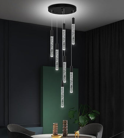 7-Lights High Ceiling Crystal Chandelier, Modern LED Raindrop Pendant Light Fixture 60" H Flush Mount Chandelier Black for Foyer Staircase Living Room