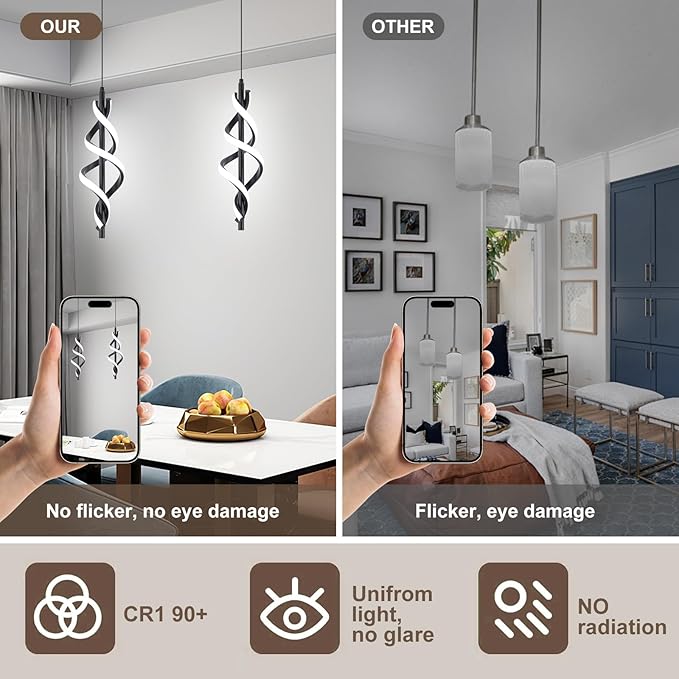 Modern LED Pendant Light Fixtures 6000K Pendant Lights Black Hanging Lamp for Dining Room Bedroom Living Room (1 Pack)