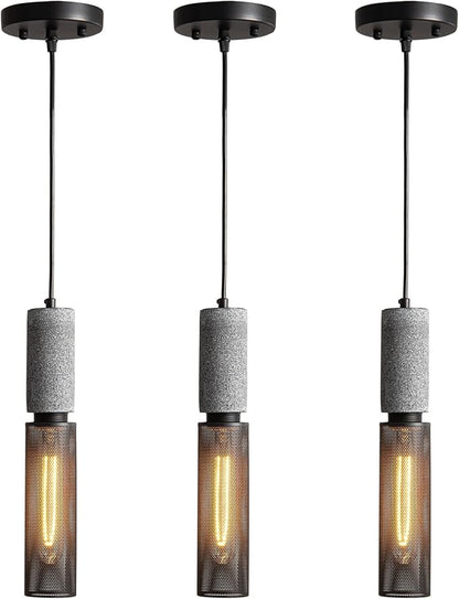 Concrete Linear Pendant Light with a Metal Mesh Shade,Modern Industrial Hanging Cement Pendant Lighting Fixture for Kitchen Island Dinning Room Bedroom(Black 3-Pack)