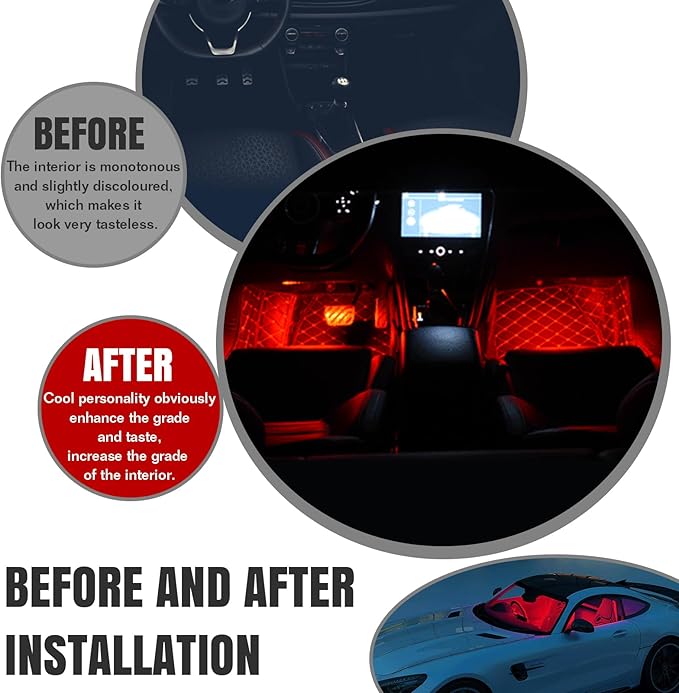Car LED Strip Light, 24 LED RGB Auto Under Dash Interior Atmosphere Lights, 12V Ambient Night Light, Auto Interior Decorative Lamp, Universal Car Accessories (Red, Cigarette Adapter)