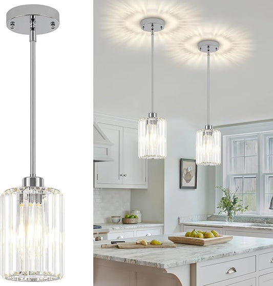 2 Pack Chrome Crystal Pendant Lights Kitchen Island, Modern Kitchen Pendant Lighting Over Island Dining Room Light Fixtures Adjustable Hanging Pendant Light for Bathroom Hallway Entryway Bedroom Foyer