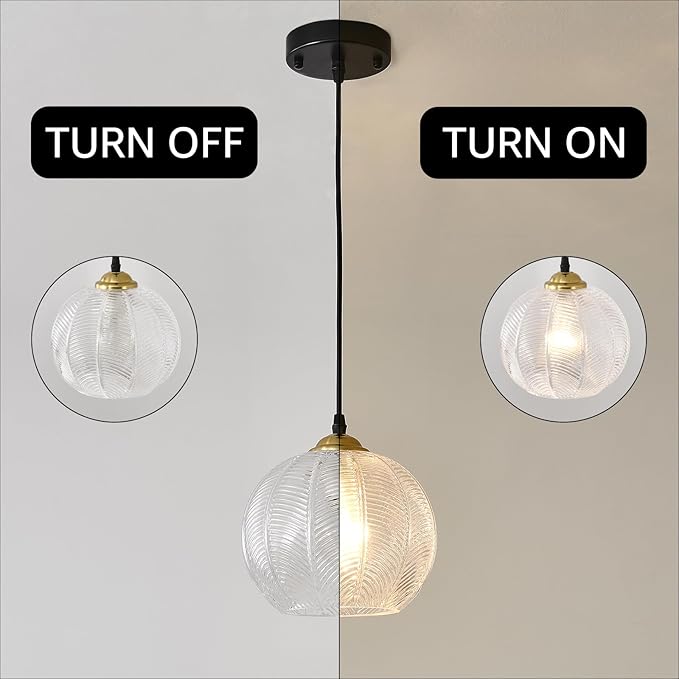 Clear Glass Pendant Light, Single Large Globe Shade Hanging Chandelier, 9.8-Inch Hand Blown Glass Ball Pendant Light Fixtures for Kitchen Island, Staircase, Dining Room, Living Room, Bedroom